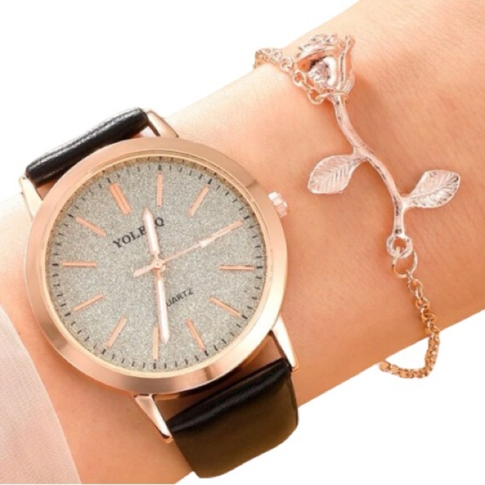 NWT Yolekq Round Pointer Rose Quartz Watch & Flower Decor Bracelet Set